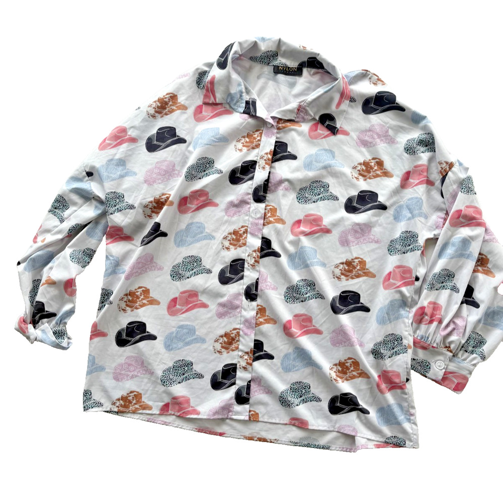 Nylon Apparel Button Down Cowboy Hat Print Blouse 1XL